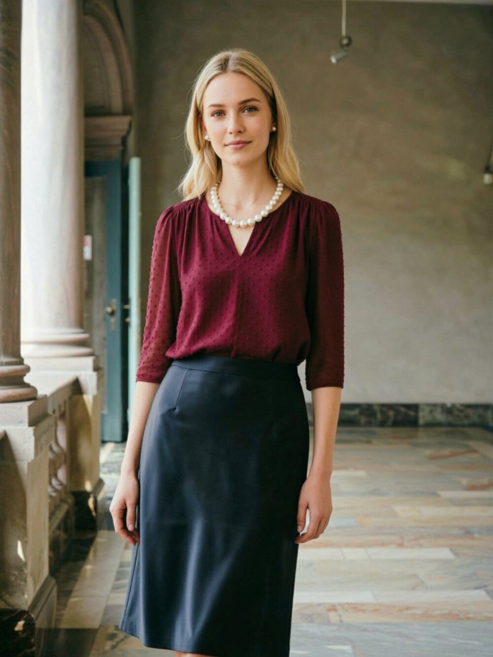 DR2 Burgundy Wine Swiss Clip Dot Split V-Neck Smocked Blouse